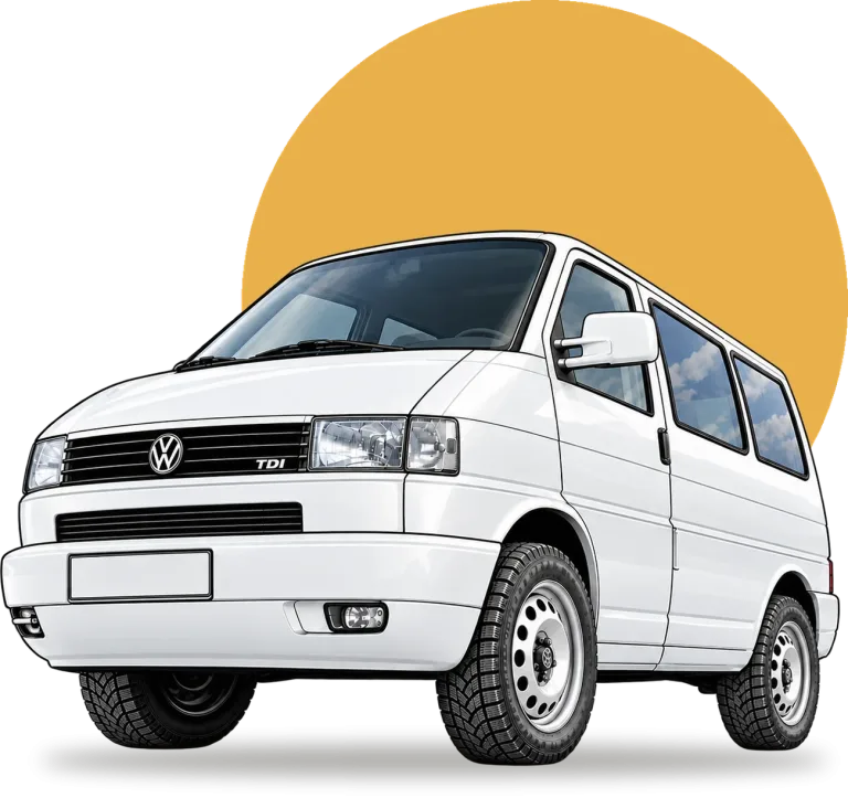 Illustration unseres weißen VW T4 Busses vor einer gelben Sonne