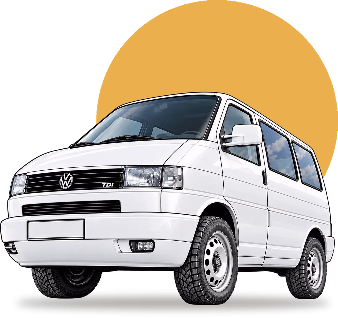 Illustration unseres weißen VW T4 Busses vor einer gelben Sonne